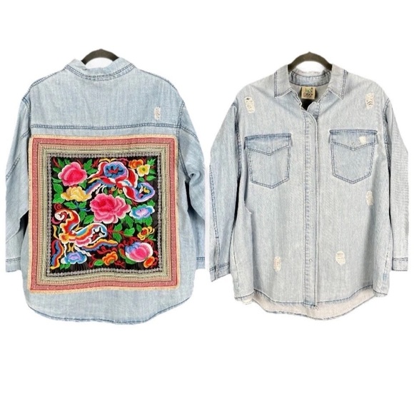 Jaded Gypsy Jackets & Blazers - Jaded Gypsy Women’s S/M Embroidered Oversized Denim Shacket Floral Colorful Boho